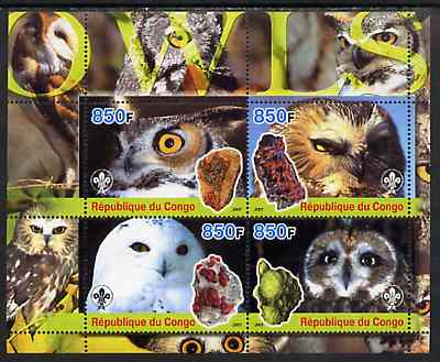 Congo 2005 Owls & Minerals perf sheetlet containing 4 values (each with Scout Logo) unmounted mint