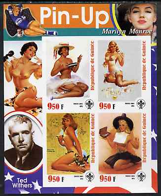 Guinea - Conakry 2003 Pin-up Art of Ted Withers featuring Marilyn Monroe imperf sheetlet containing 4 values (each with Scout logo) unmounted mint