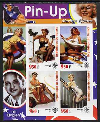 Guinea - Conakry 2003 Pin-up Art of Dil Elvgren featuring Marilyn Monroe imperf sheetlet containing 4 values (each with Scout logo) unmounted mint