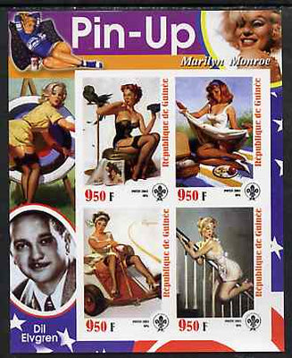 Guinea - Conakry 2003 Pin-up Art of Dil Elvgren featuring Marilyn Monroe imperf sheetlet containing 4 values (each with Scout logo) unmounted mint