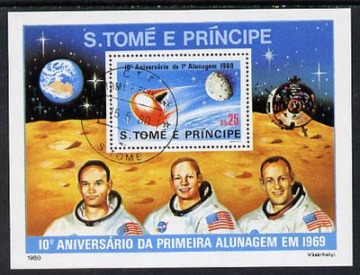 St Thomas & Prince Islands 1980 Moon Landing Anniversary perf m/sheet with 'CTT 15.5.80 St Tome