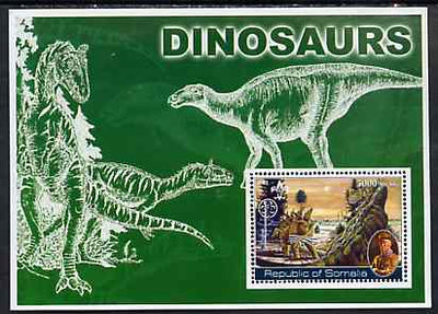 Somalia 2002 Dinosaurs perf s/sheet #1 (also showing Baden Powell and Scout & Guide Logos) unmounted mint
