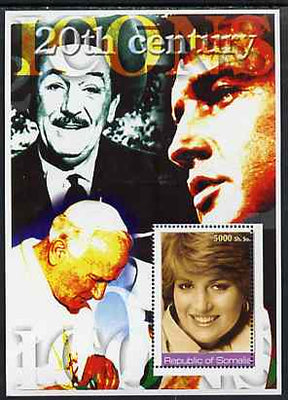 Somalia 2002 20th Century Icons #3 (Princess Diana) perf s/sheet (also shows Elvis, Walt Disney & The Pope in background) unmounted mint
