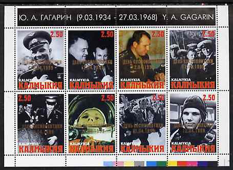 Kalmikia Republic 1999 Yuri Gagarin Commemoration perf sheetlet containing 8 values each overprinted for Astronauts Day unmounted mint