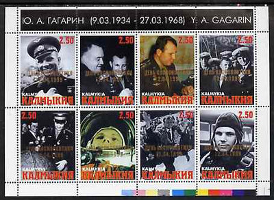 Kalmikia Republic 1999 Yuri Gagarin Commemoration perf sheetlet containing 8 values each overprinted for Astronauts Day unmounted mint