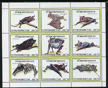 Turkmenistan 1999 ? Bats #1 perf sheetlet containing set of 9 values unmounted mint