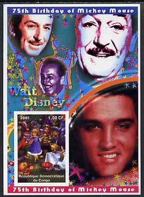 Congo 2001 75th Birthday of Mickey Mouse imperf s/sheet #04 showing Alice in Wonderland with Elvis & Walt Disney in background, unmounted mint