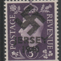 Jersey 1940 Swastika opt on Great Britain KG6 3d violet produced during the German Occupation but unissued due to local feelings. This is a copy of the overprint on a genuine stamp with forgery handstamped on the back, unmounted m……Details Below