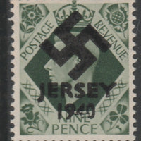 Jersey 1940 Swastika opt on Great Britain KG6 9d deep olive-green produced during the German Occupation but unissued due to local feelings. This is a copy of the overprint on a genuine stamp with forgery handstamped on the back, u……Details Below