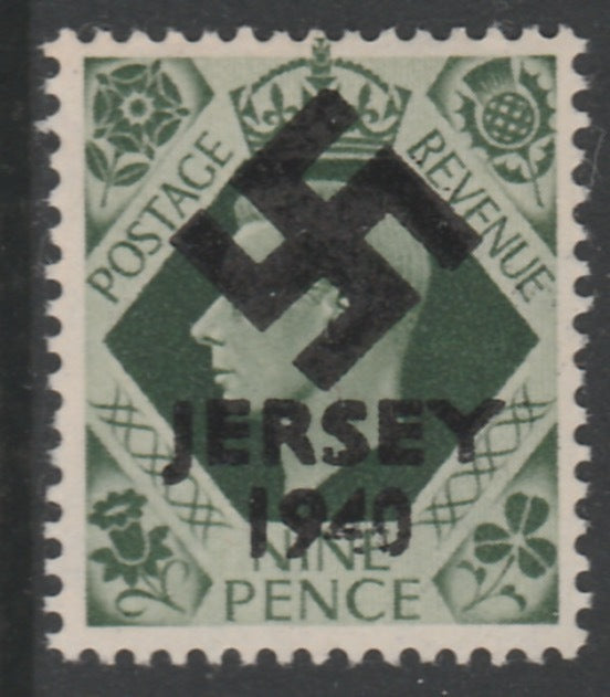 Jersey 1940 Swastika opt on Great Britain KG6 9d deep olive-green produced during the German Occupation but unissued due to local feelings. This is a copy of the overprint on a genuine stamp with forgery handstamped on the back, u……Details Below