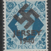 Jersey 1940 Swastika opt on Great Britain KG6 10d turquoise-blue produced during the German Occupation but unissued due to local feelings. This is a copy of the overprint on a genuine stamp with forgery handstamped on the back, un……Details Below
