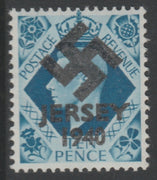 Jersey 1940 Swastika opt on Great Britain KG6 10d turquoise-blue produced during the German Occupation but unissued due to local feelings. This is a copy of the overprint on a genuine stamp with forgery handstamped on the back, un……Details Below