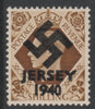 Jersey 1940 Swastika opt on Great Britain KG6 1s bistre-brown produced during the German Occupation but unissued due to local feelings. This is a copy of the overprint on a genuine stamp with forgery handstamped on the back, unmou……Details Below