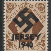 Jersey 1940 Swastika opt on Great Britain KG6 1s bistre-brown produced during the German Occupation but unissued due to local feelings. This is a copy of the overprint on a genuine stamp with forgery handstamped on the back, unmou……Details Below