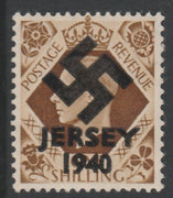 Jersey 1940 Swastika opt on Great Britain KG6 1s bistre-brown produced during the German Occupation but unissued due to local feelings. This is a copy of the overprint on a genuine stamp with forgery handstamped on the back, unmou……Details Below