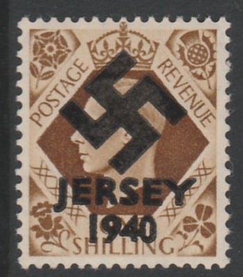 Jersey 1940 Swastika opt on Great Britain KG6 1s bistre-brown produced during the German Occupation but unissued due to local feelings. This is a copy of the overprint on a genuine stamp with forgery handstamped on the back, unmou……Details Below