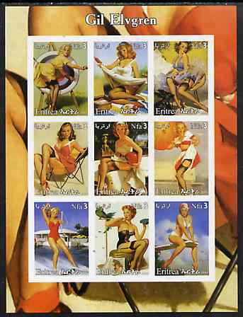 Eritrea 2003 Pin-Up Art of Gil Elvgren imperf sheetlet containing set of 9 values unmounted mint