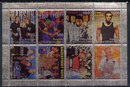 Turkmenistan 1998 Pop Stars imperf sheetlet containing 8 values printed on metallic foil unmounted mint