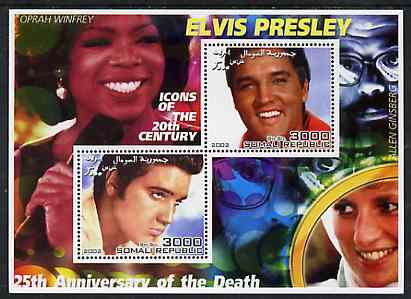 Somalia 2002 Elvis Presley 25th Anniversary of Death #02 perf sheetlet containing 2 values with Oprah Winfrey, Allen Ginsberg & Diana in background unmounted mint