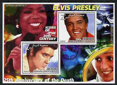 Somalia 2002 Elvis Presley 25th Anniversary of Death #02 perf sheetlet containing 2 values with Oprah Winfrey, Allen Ginsberg & Diana in background unmounted mint
