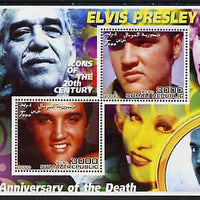 Somalia 2002 Elvis Presley 25th Anniversary of Death #03 perf sheetlet containing 2 values with Gabriel Garcia Marquez, Mae West & Charlie Chaplin in background unmounted mint
