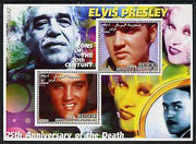 Somalia 2002 Elvis Presley 25th Anniversary of Death #03 perf sheetlet containing 2 values with Gabriel Garcia Marquez, Mae West & Charlie Chaplin in background unmounted mint