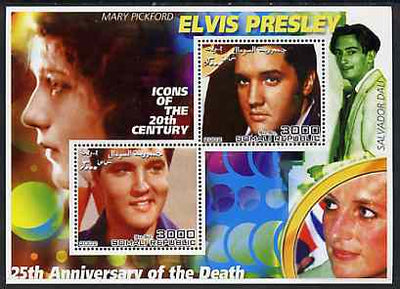 Somalia 2002 Elvis Presley 25th Anniversary of Death #05 perf sheetlet containing 2 values with Mary Pickford, Dali & Diana in background unmounted mint