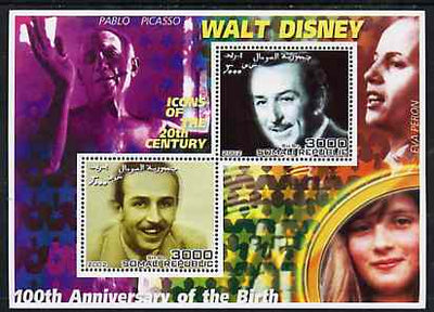 Somalia 2002 Birth Centenary of Walt Disney #01 perf sheetlet containing 2 values with Picasso. Eva Peron & Diana in background unmounted mint