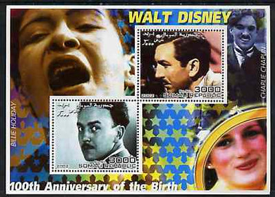 Somalia 2002 Birth Centenary of Walt Disney #04 perf sheetlet containing 2 values with Billie Holiday, Charlie Chaplin & Diana in background unmounted mint