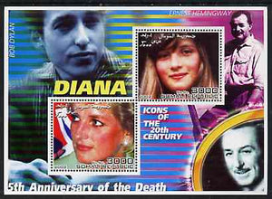 Somalia 2002 Princess Diana 5th Anniversary of Death #01 perf sheetlet containing 2 values with Bob Dylan, Ernest Hemingway & Walt Disney in background unmounted mint