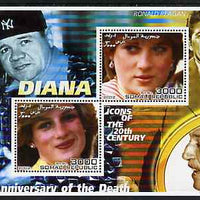 Somalia 2002 Princess Diana 5th Anniversary of Death #04 perf sheetlet containing 2 values with Babe Ruth, Ronald Reagan & Walt Disney in background unmounted mint