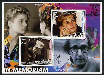 Somalia 2001 In Memoriam - Princess Diana & Walt Disney #03 perf sheetlet containing 2 values with Ingrid Bergman & Woody Allen in background unmounted mint