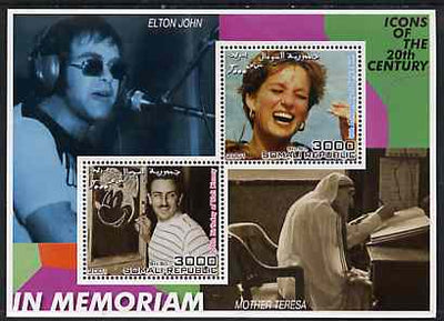 Somalia 2001 In Memoriam - Princess Diana & Walt Disney #08 perf sheetlet containing 2 values with Elton John & Mother Teresa in background unmounted mint