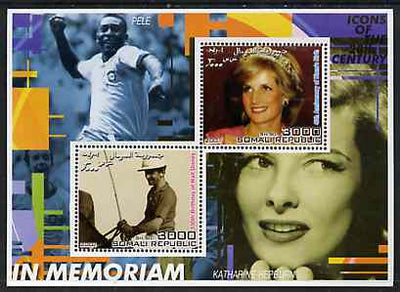 Somalia 2001 In Memoriam - Princess Diana & Walt Disney #14 perf sheetlet containing 2 values with Pele & Katharine Hepburn in background unmounted mint