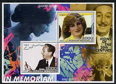 Somalia 2001 In Memoriam - Princess Diana & Walt Disney #15 perf sheetlet containing 2 values with Isadora Duncan in background unmounted mint