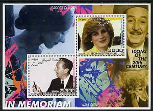 Somalia 2001 In Memoriam - Princess Diana & Walt Disney #15 perf sheetlet containing 2 values with Isadora Duncan in background unmounted mint