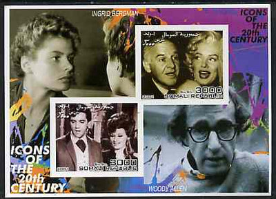 Somalia 2001 Icons of the 20th Century #05 - Elvis & Marilyn imperf sheetlet containing 2 values with Ingrid Bergman & Woody Allen in background unmounted mint