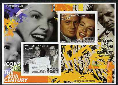 Somalia 2001 Icons of the 20th Century #08 - Elvis & Marilyn imperf sheetlet containing 2 values with Judy Garland & Jackson Pollock in background unmounted mint