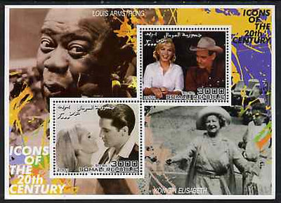 Somalia 2001 Icons of the 20th Century #12 - Elvis & Marilyn perf sheetlet containing 2 values with Louis Armstrong & Queen Mother in background unmounted mint