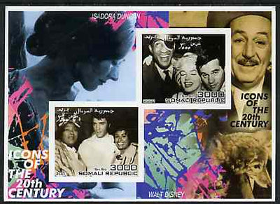 Somalia 2001 Icons of the 20th Century #15 - Elvis & Marilyn imperf sheetlet containing 2 values with Isadora Duncan & Walt Disney in background unmounted mint