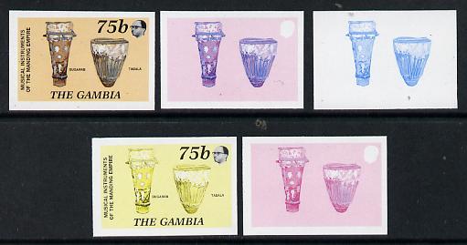 Gambia 1987 Musical Instruments 75b (Bugarab & Tabala) set of 5 imperf progressive colour proofs comprising blue & magenta individual colours, two 2-colour composites (blue & magenta and black & yellow) plus all 4 colours (ex one ……Details Below