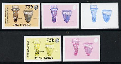 Gambia 1987 Musical Instruments 75b (Bugarab & Tabala) set of 5 imperf progressive colour proofs comprising blue & magenta individual colours, two 2-colour composites (blue & magenta and black & yellow) plus all 4 colours (ex one ……Details Below