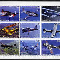 Tadjikistan 1999 Aircraft (Prop) perf sheetlet containing complete set of 9 values unmounted mint