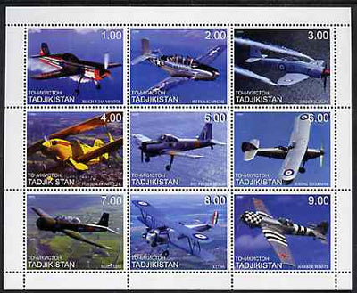 Tadjikistan 1999 Aircraft (Prop) perf sheetlet containing complete set of 9 values unmounted mint