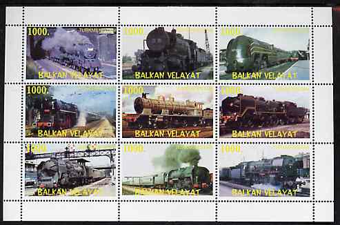 Turkmenistan (Balkan Velayat) 1999 ? Steam Locos perf sheetlet containing 9 values unmounted mint