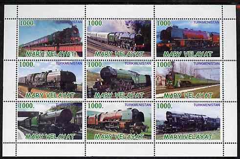 Turkmenistan (Mary Velayat) 1999 ? Steam Locos perf sheetlet containing 9 values unmounted mint