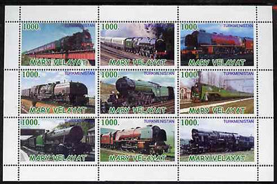 Turkmenistan (Mary Velayat) 1999 ? Steam Locos perf sheetlet containing 9 values unmounted mint