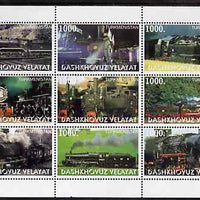 Turkmenistan (Dashkhovuz Velayat) 1999 ? Steam Locos perf sheetlet containing 9 values unmounted mint