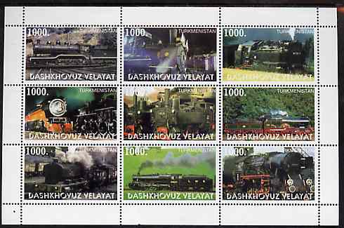Turkmenistan (Dashkhovuz Velayat) 1999 ? Steam Locos perf sheetlet containing 9 values unmounted mint