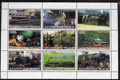 Turkmenistan (Dashkhovuz Velayat) 1999 ? Steam Locos perf sheetlet containing 9 values unmounted mint